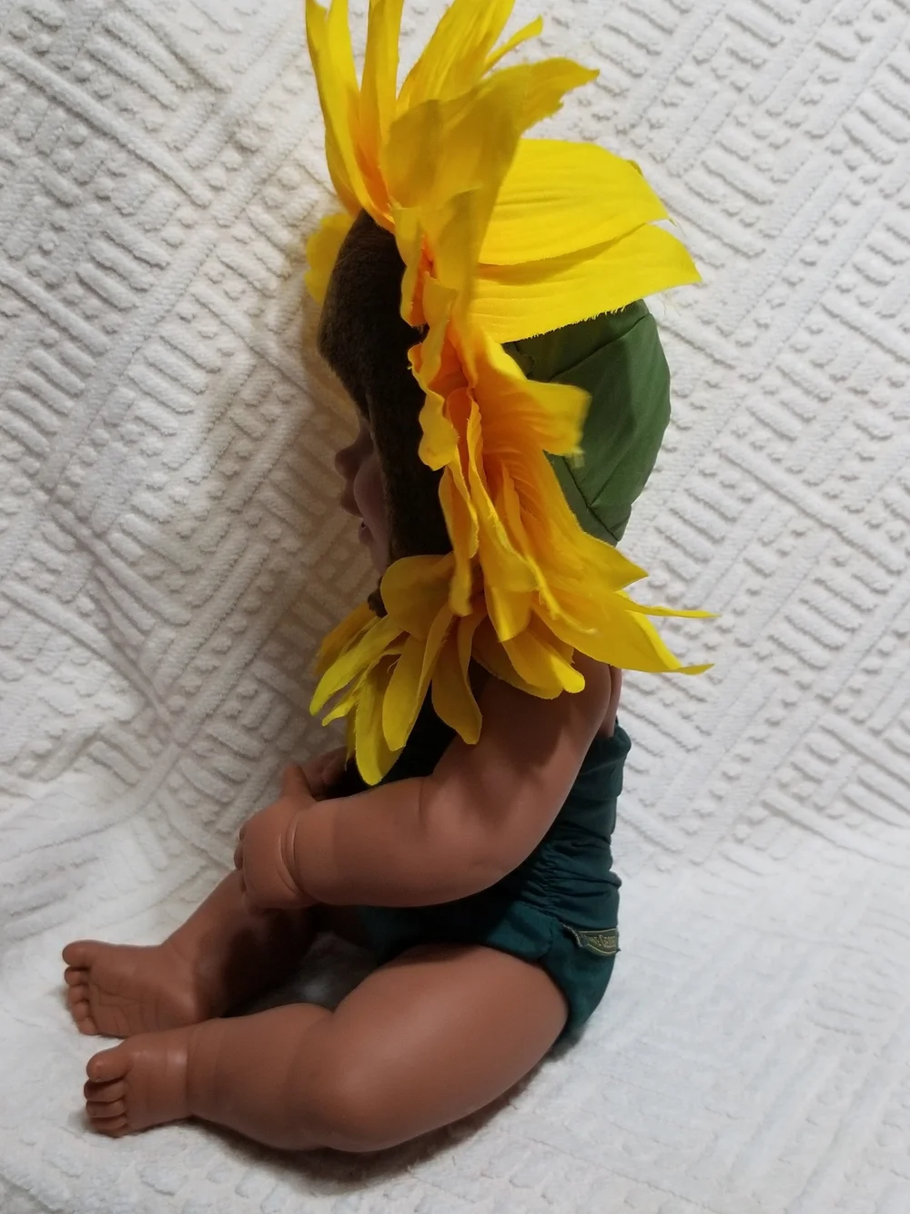 Vintage Anne Geddes Baby Doll With Yellow & Green Sunflower Costume & Headpiece